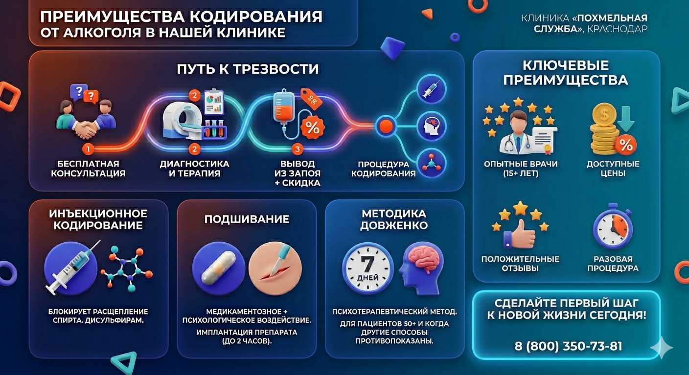 Инфографика о методах кодирования от алкоголя в Сатке: инъекции, подшивание, метод Довженко. Преимущества клиники и этапы лечения.