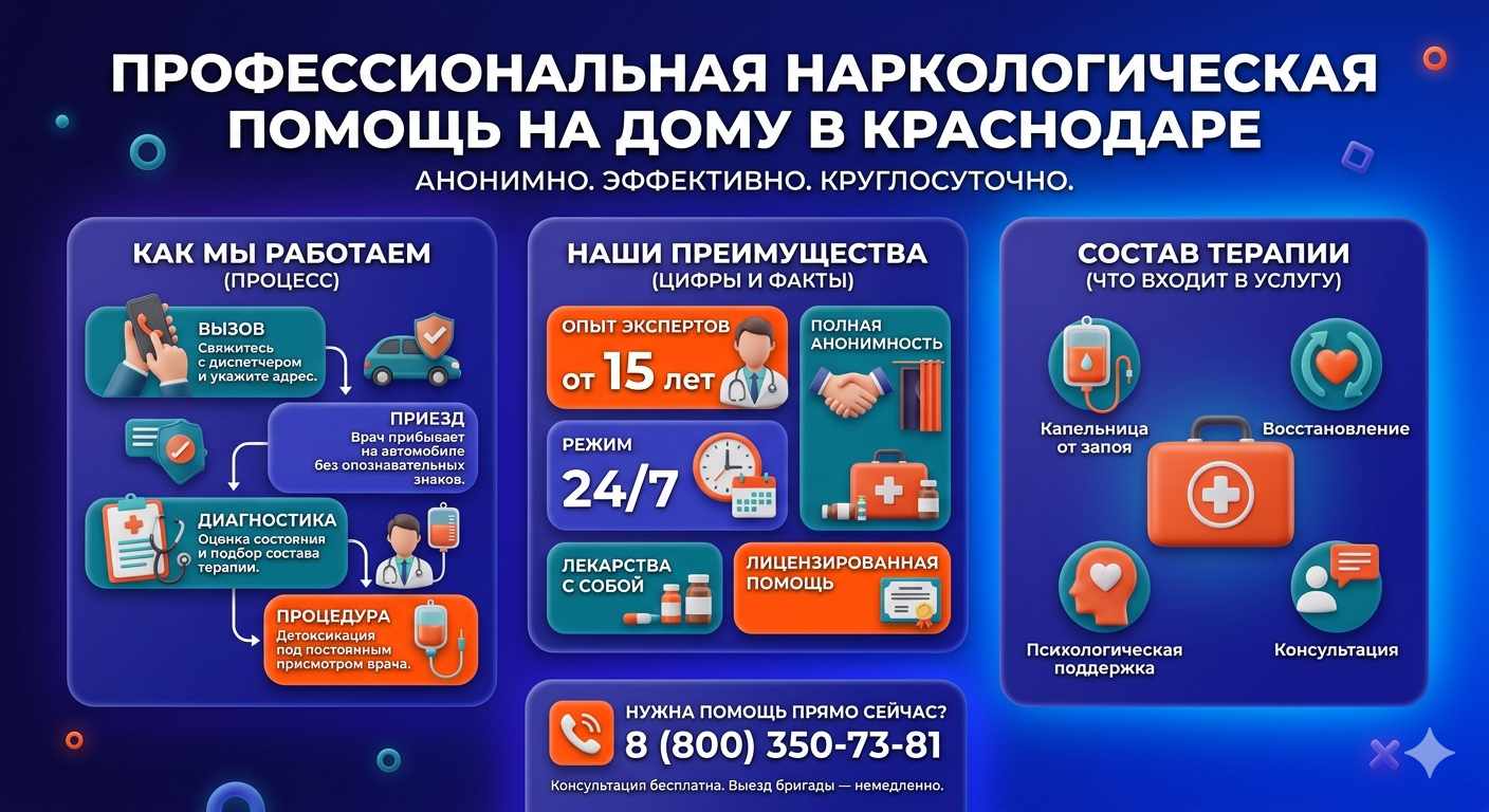 Инфографика о принципах лечения алкоголизма на дому в Сатке: этапы вызова нарколога, преимущества анонимной детоксикации и состав медицинской помощи.